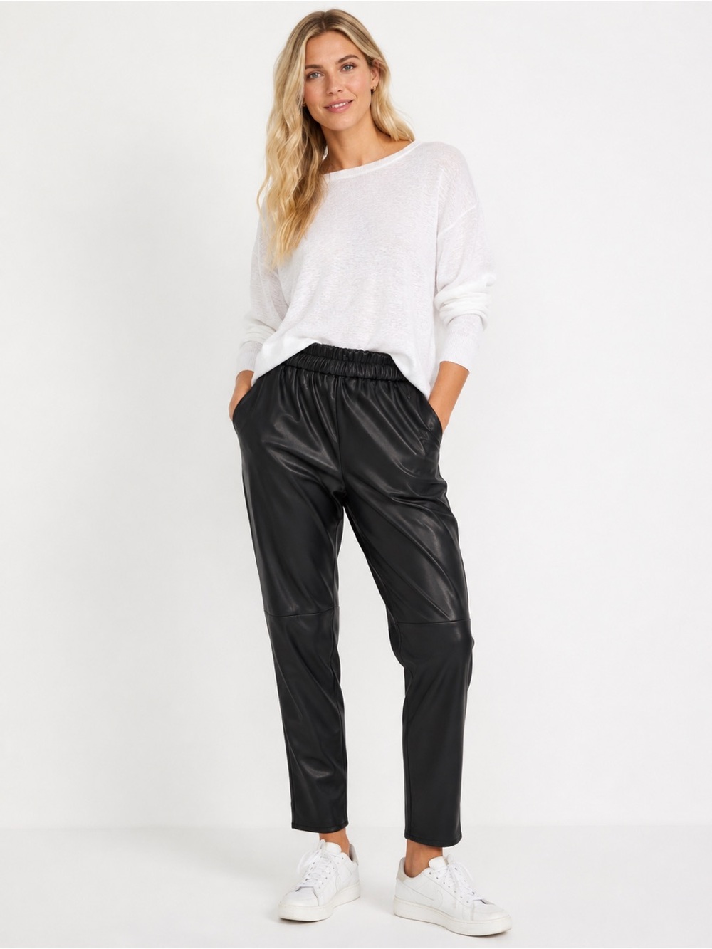 Michael Kors Black Faux Leather Elastic Waist Joggers